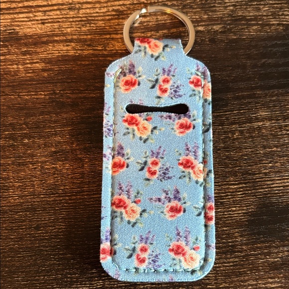 Accessories - Floral Neoprene Lip Balm Holder Keychain Light Blue Rose Print Chapstick Sleeve